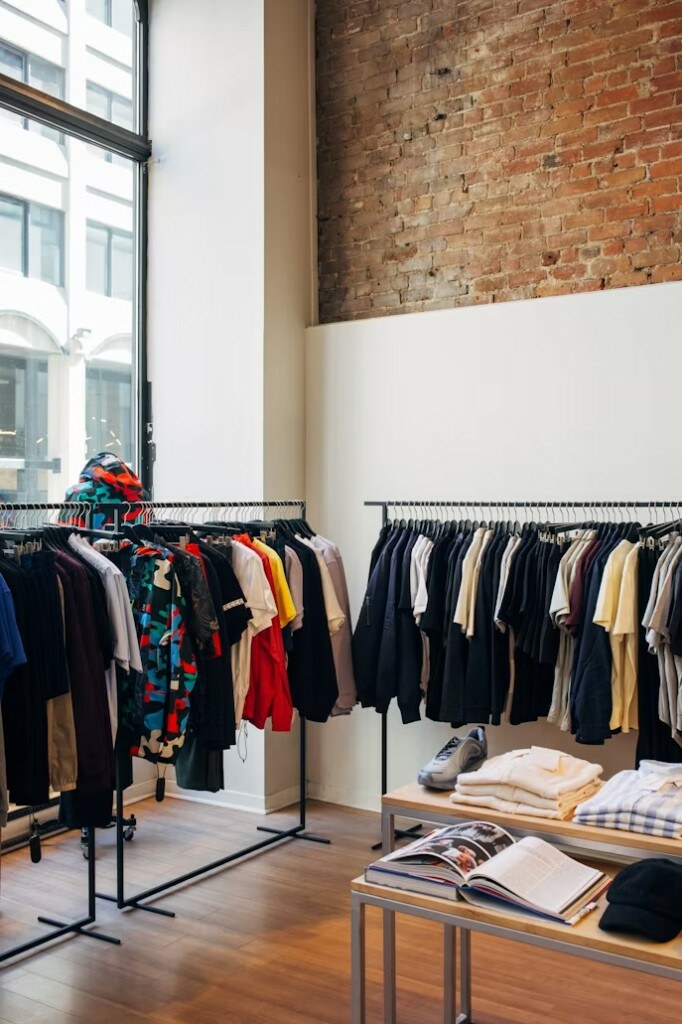 Boutique entry display with industrial brick wall and black metal garment racks in Delhi NCR retail interior