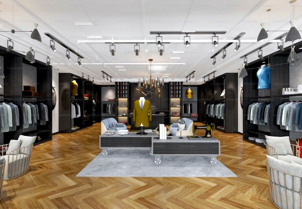 Modern grid-tile boutique showroom with central display table and wall niches in Delhi NCR