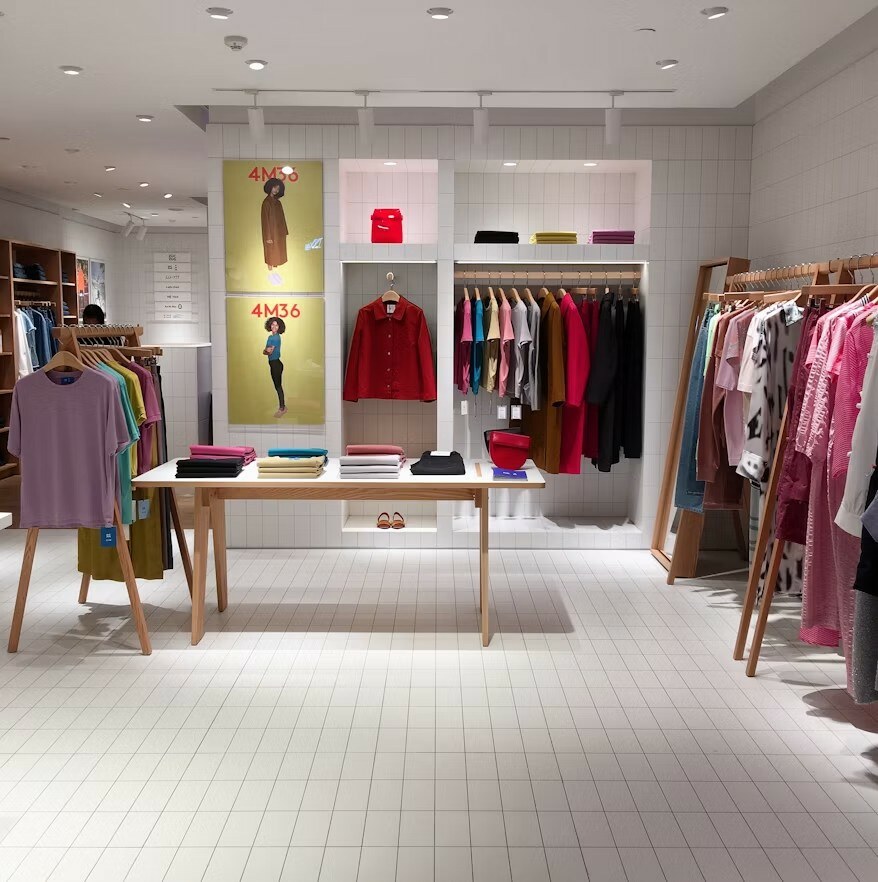 Minimalist white boutique showroom with natural customer circulation path in Delhi NCR