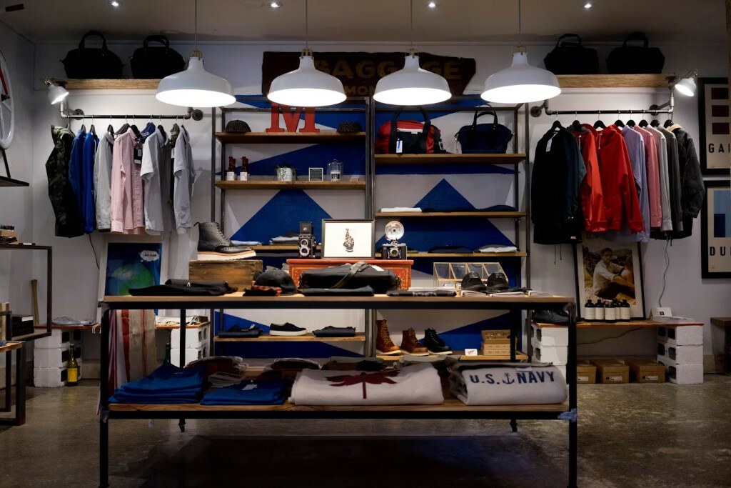 Retail display shelving with warm accent lighting and custom mild-steel fixtures in Delhi NCR showroom