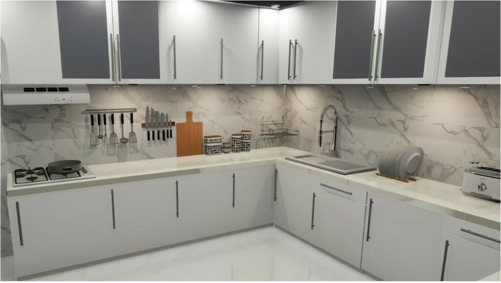 L-shape modular kitchen with marble backsplash and under-cabinet LED lighting in Vasant Kunj Delhi by Arqvexa