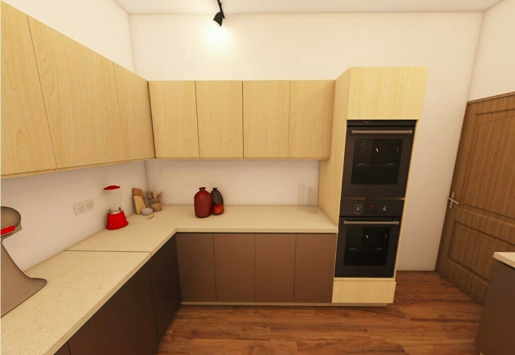 Two-tone L-shape kitchen with wood upper cabinets and built-in ovens in Delhi modular kitchen design