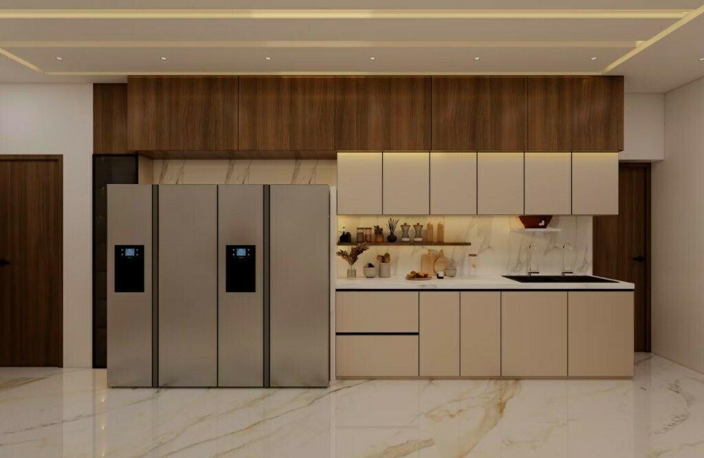 Luxury modular kitchen with integrated refrigerator and full-height marble backsplash in Delhi
