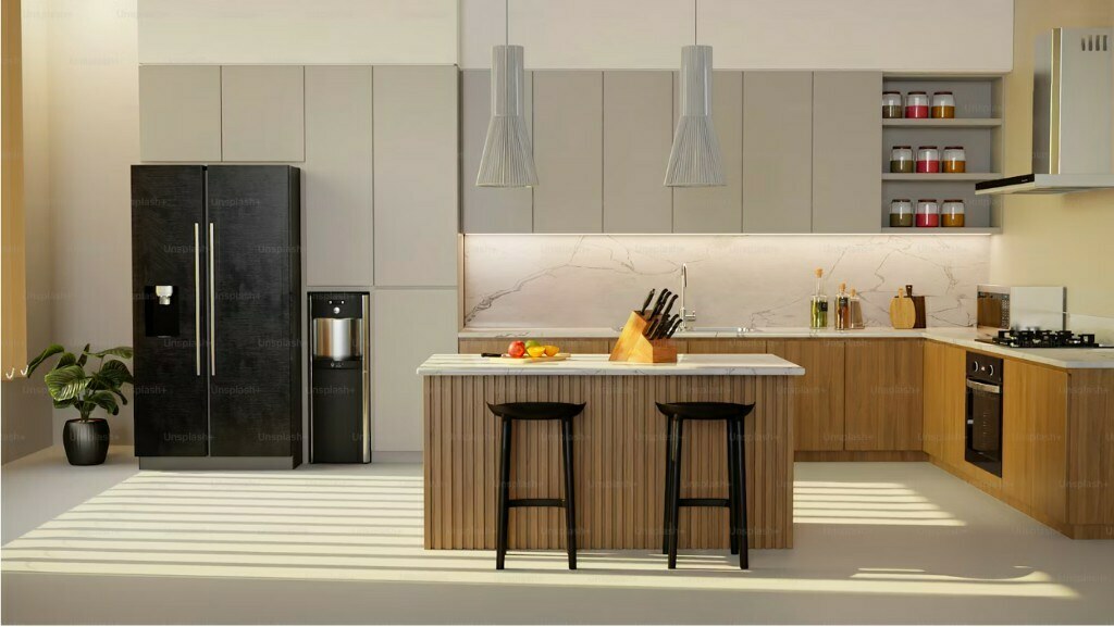 Contemporary U-shape kitchen with marble island and fluted pendant lights in Delhi interior design