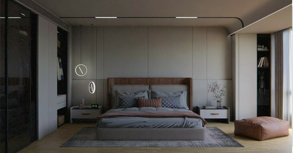 3D interior visualization of modern bedroom with terracotta accents and integrated storage