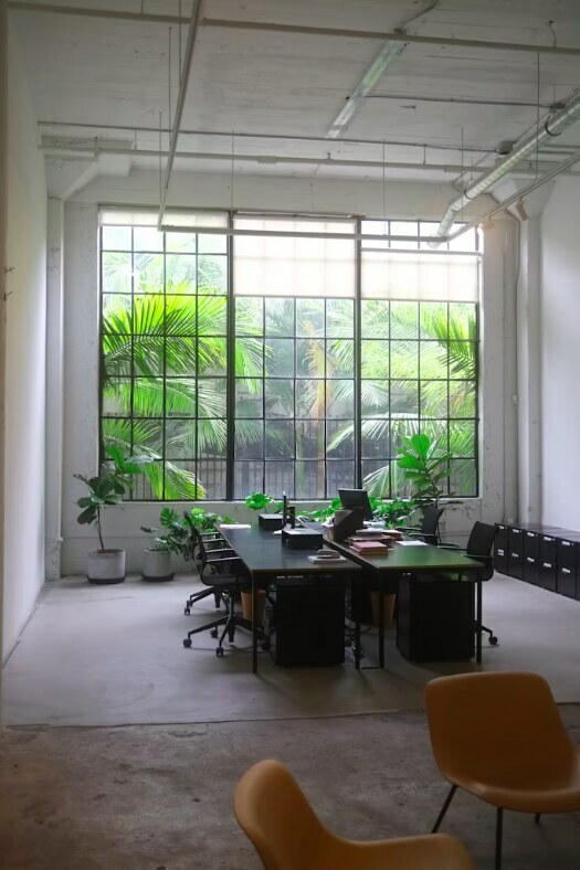 Industrial-style office with floor-to-ceiling windows and indoor plants in Noida workspace design