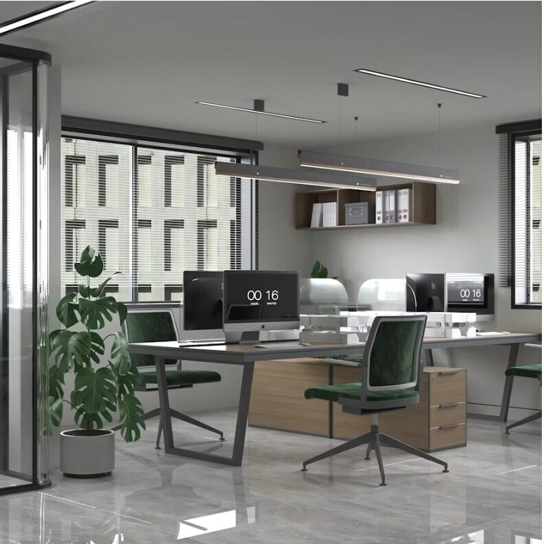 3D visualization of modern office workstation row with green chairs and pendant lighting